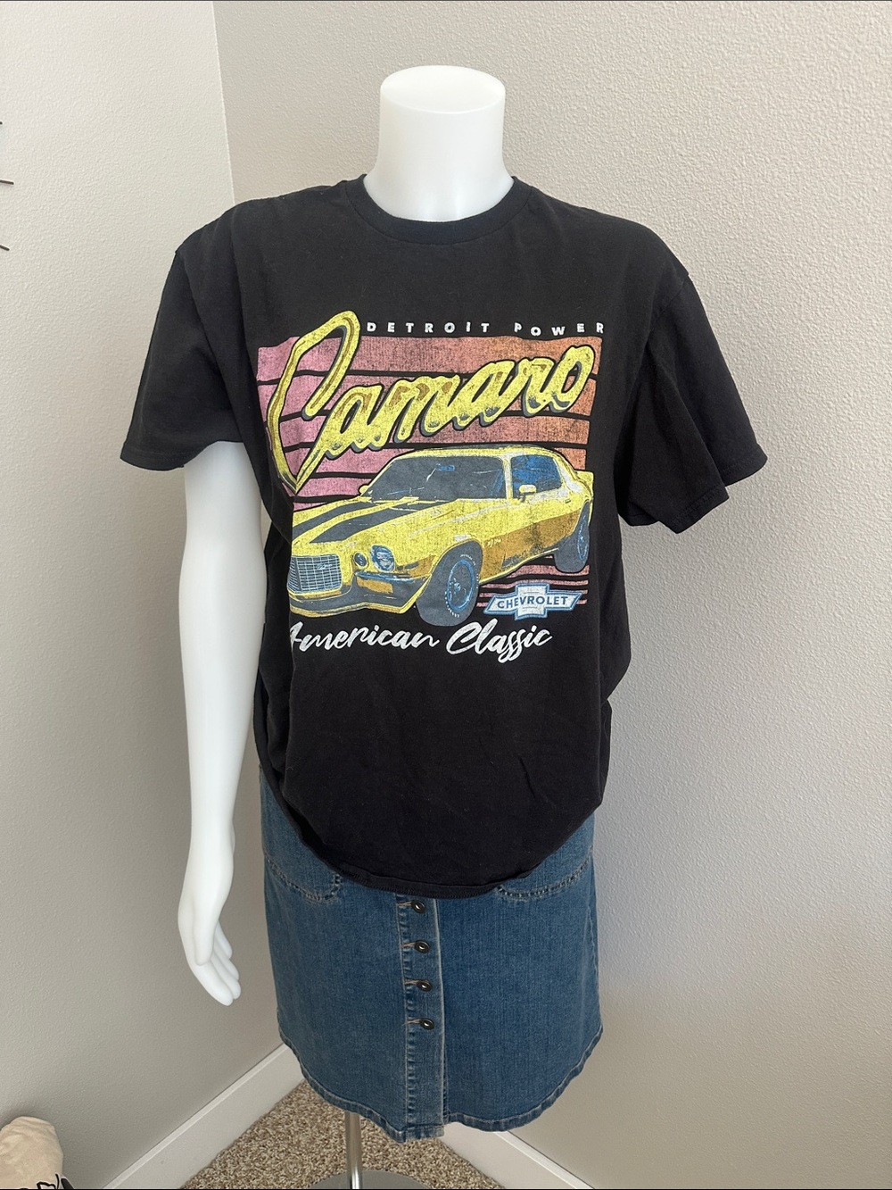Hybrid Apparel Black Tee with Yellow Camaro Graphic